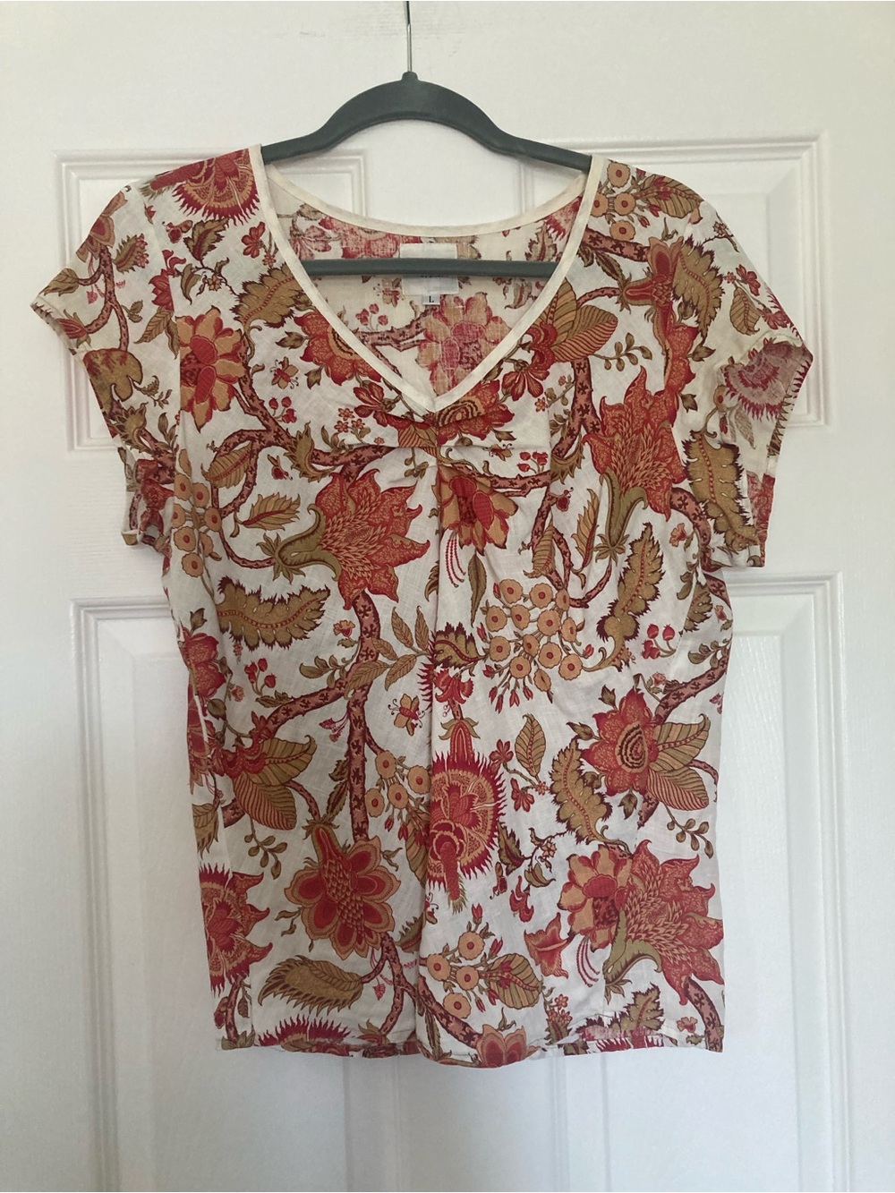 Via Vai by Pollero Linen Floral V-Neck Short Sleeve Top, Sz Large